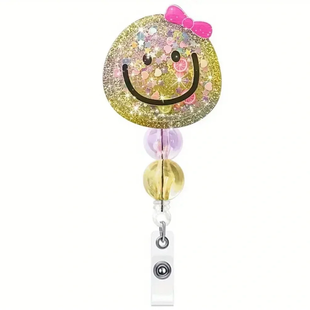 Kawaii Glitter Smiley Face Retractable Badge Reel ID Holder Pink Bow